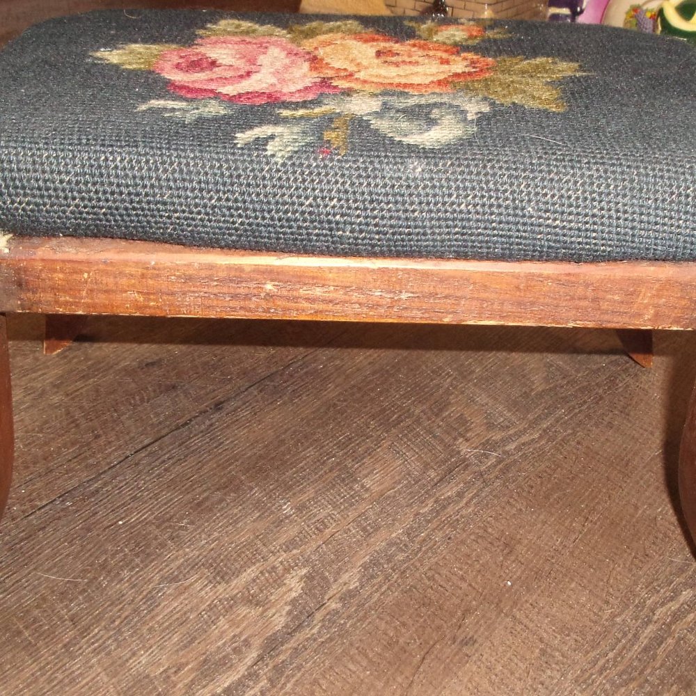 Vintage hand embroidered wood footstool